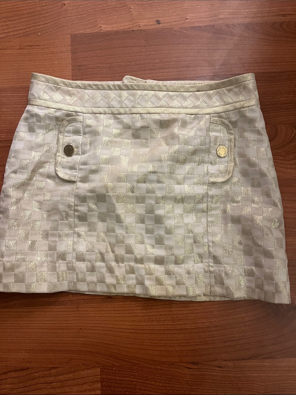 Lilly Pulitzer White Mini Skirt with Gold Metallic Check